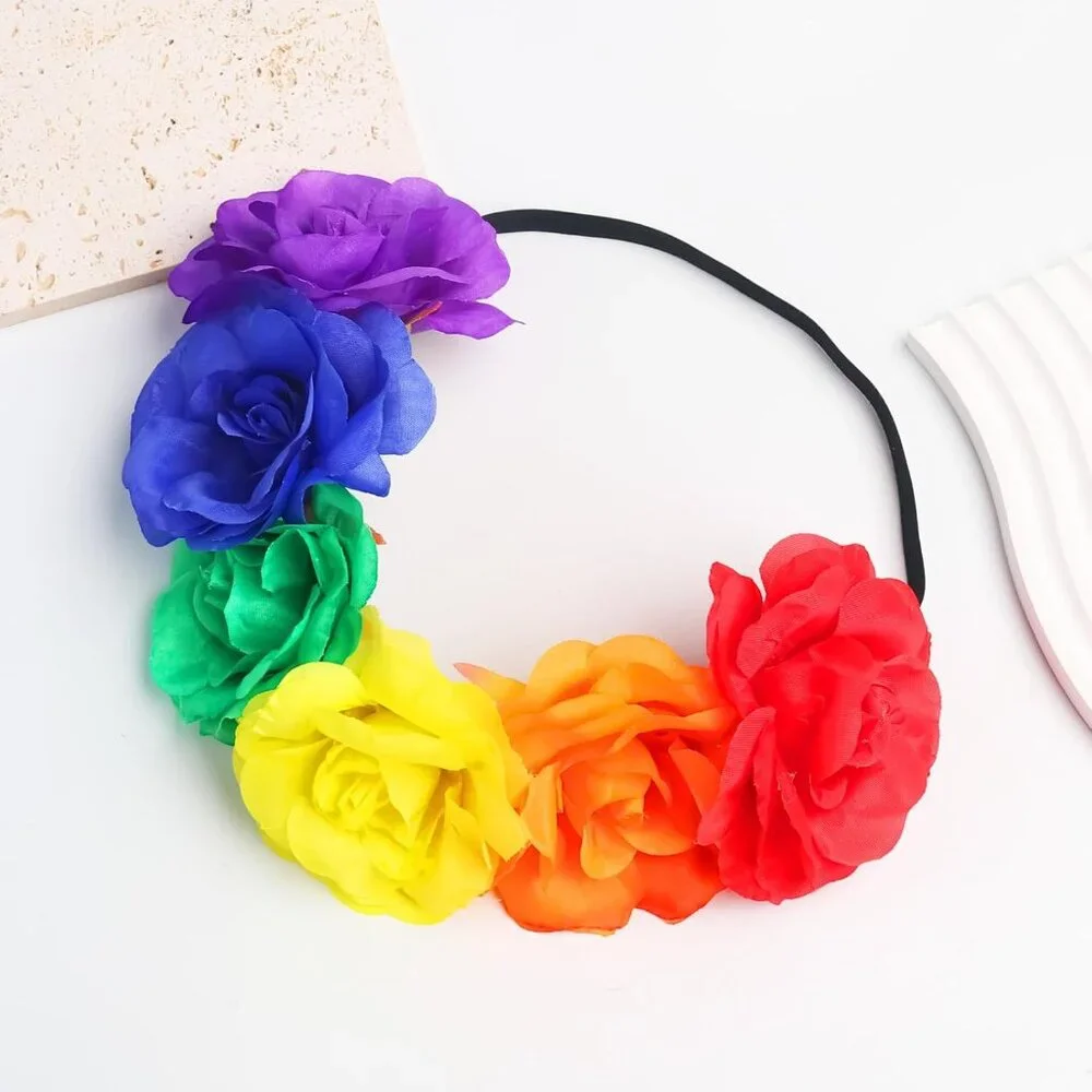 Rainbow Rose Floral Crown Headband for Women, Gay Pride Day Boho Outfits Party S - Picture 7 of 7